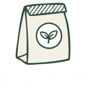 Simple illustration of a paper food bag with a plant symbol, above the word 