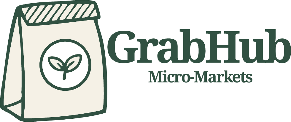 Logo for GrabHub Micro-Markets in Phoenix, featuring a paper bag with a plant icon and the company name in green text, highlighting healthy snacks and self checkout kiosk options.