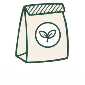 Simple illustration of a paper food bag with a plant symbol, above the word 