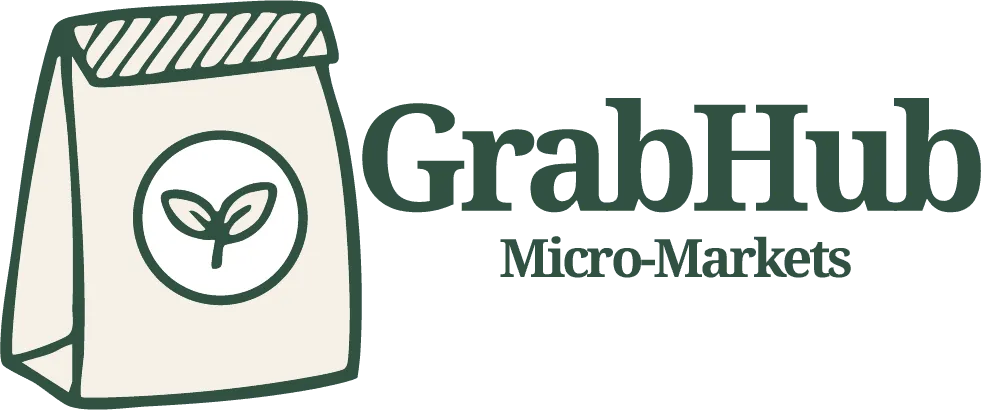 Logo for GrabHub Micro-Markets in Phoenix, featuring a paper bag with a plant icon and the company name in green text, highlighting healthy snacks and self checkout kiosk options.