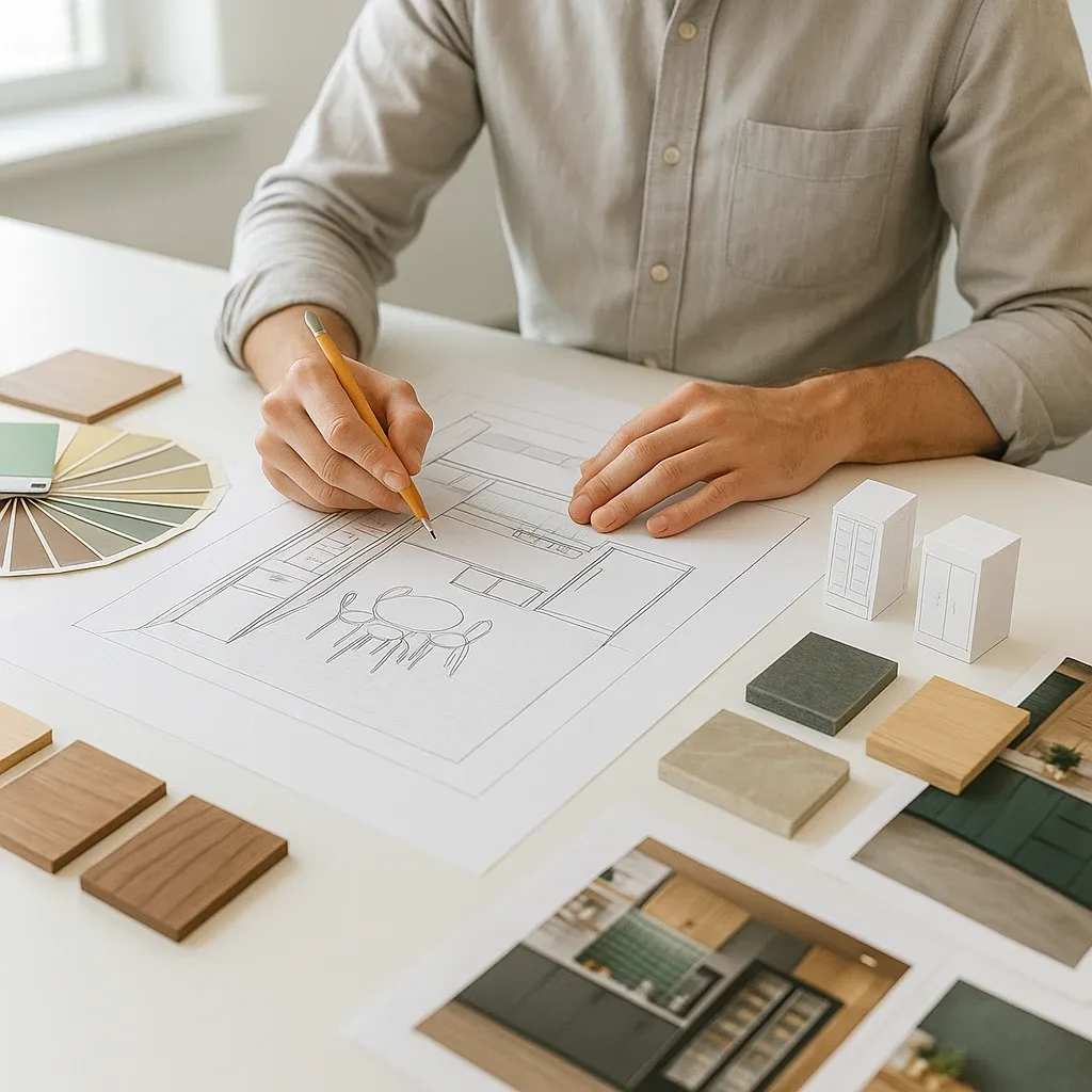 Person working on an interior design sketch at a desk with material samples, color swatches, miniature furniture models, and an office coffee nearby.