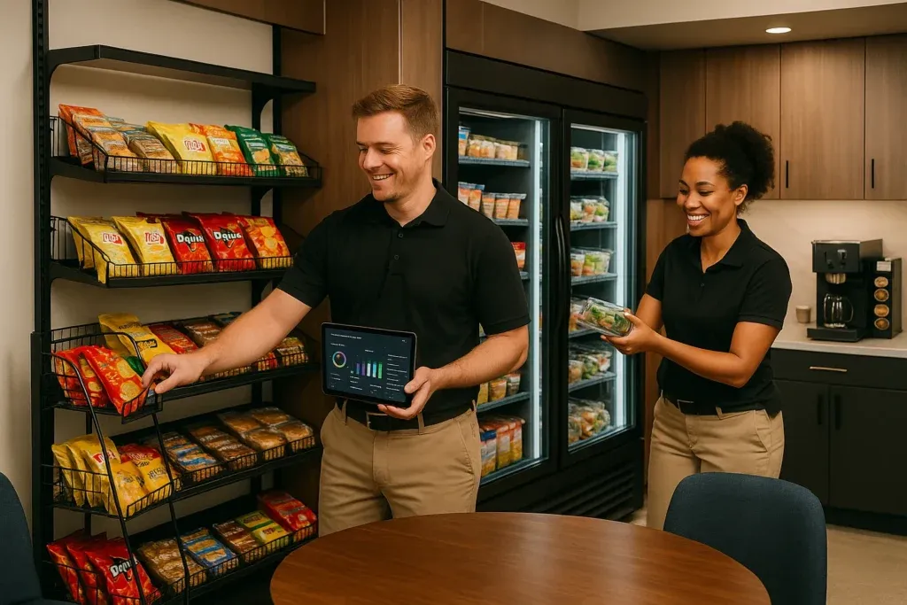 Two employees in a Phoenix break room restock healthy snacks and salads, one holding a tablet displaying data, with refrigerated and dry food items visible in the background.