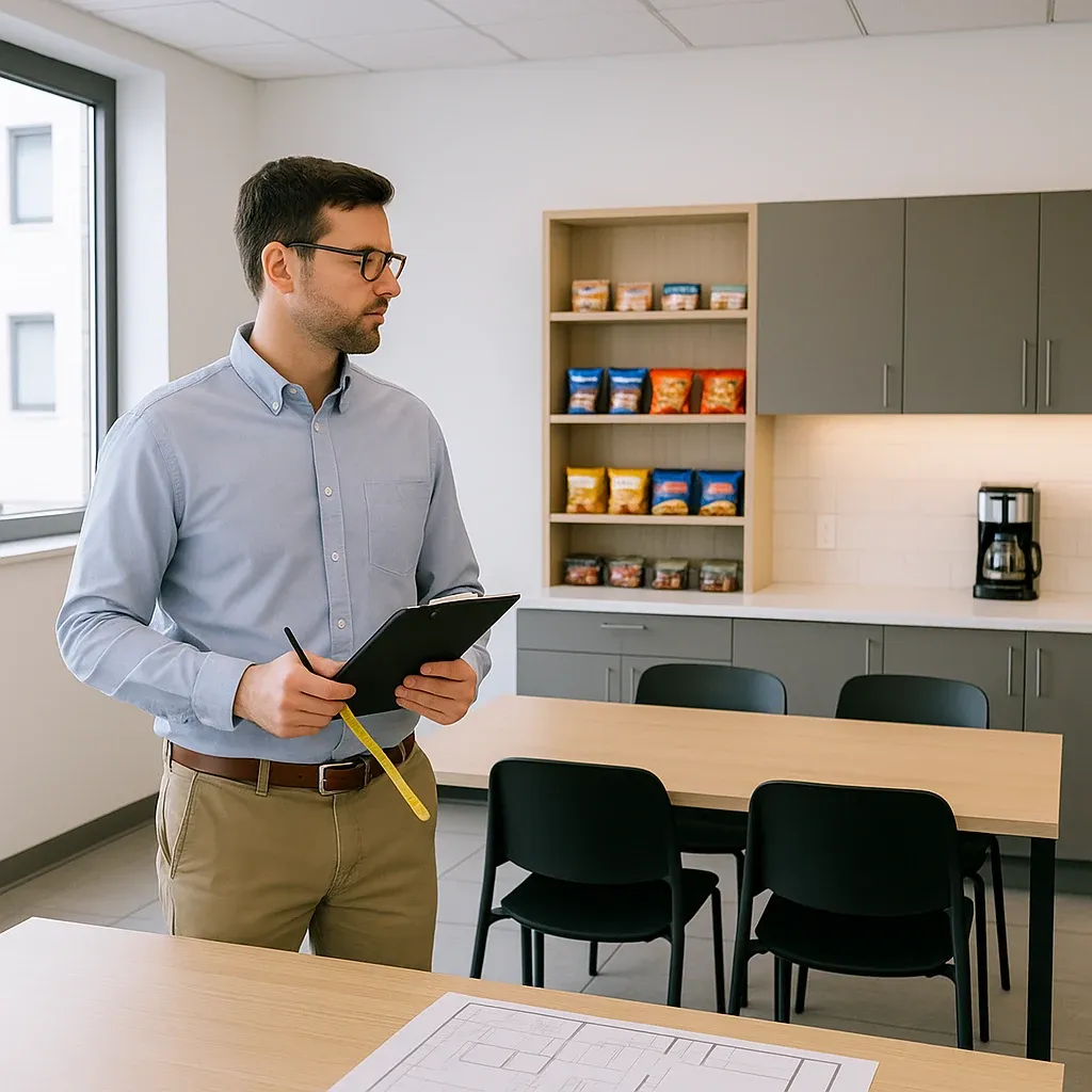 A man holding a notepad and measuring tape stands in a modern Phoenix office kitchen, featuring a micro market with healthy snacks on shelves, along with tables and chairs.