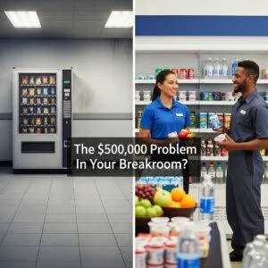 Split image showing a vending machine in a dealership breakroom on the left and two employees chatting near fresh snacks and drinks in a modern micro market on the right. Text reads: