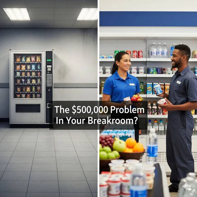 Split image showing a vending machine in a dealership breakroom on the left and two employees chatting near fresh snacks and drinks in a modern micro market on the right. Text reads: 