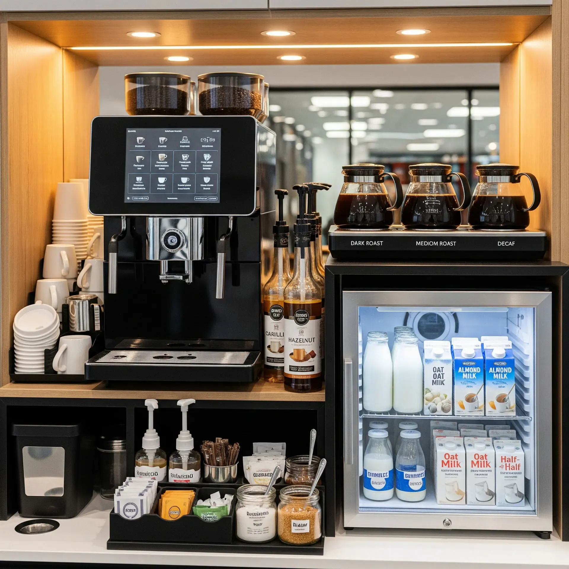 Grab Hub office coffee setup with brewer, cups, and condiments