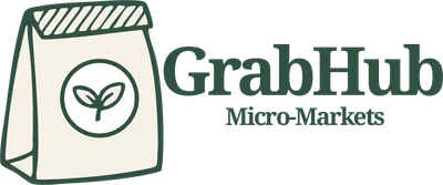 Logo for GrabHub Micro-Markets in Phoenix, featuring a paper bag with a plant icon and the company name in green text, highlighting healthy snacks and self checkout kiosk options.